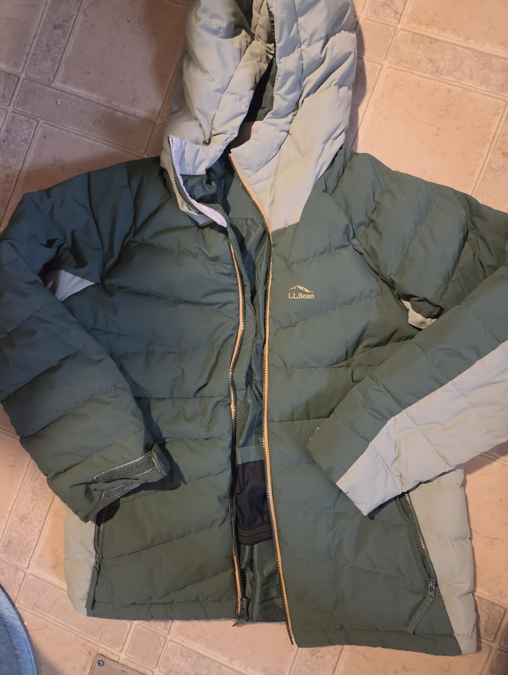 L.L. Bean Two-Tone Green Boyd Hooded Puffer Jacket